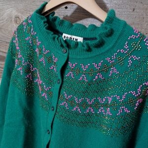 Boden Wool Green Sweater Ruffle Edge with Pink and Gold Accents